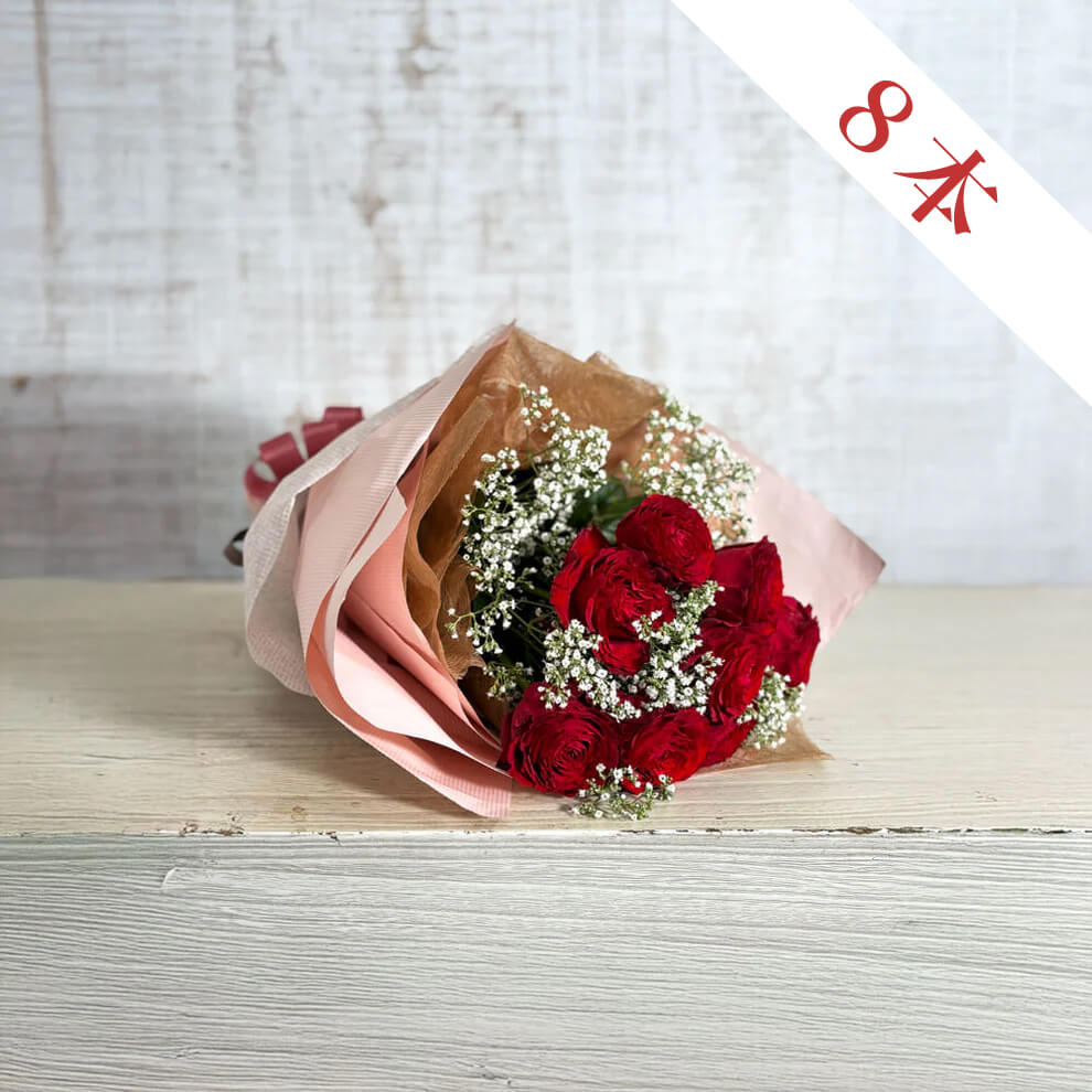 赤バラ8本の花束（かすみ草入り） – 花のブルーメンノイエ