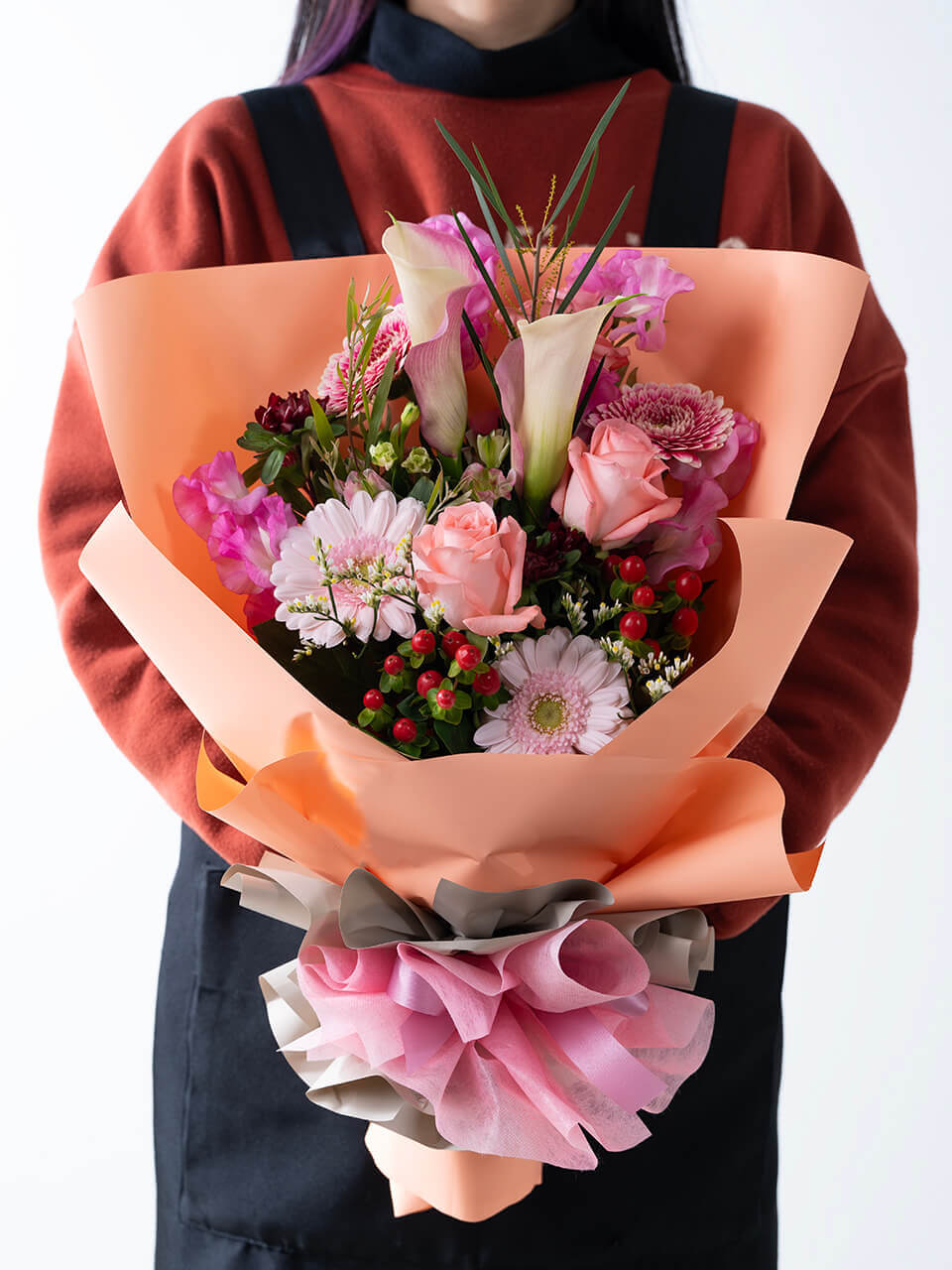 韓国風ラッピング】ピンク系ドレスブーケ – 花のブルーメンノイエ